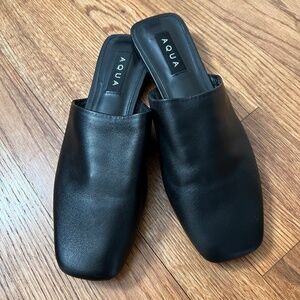 Aqua black leather mules